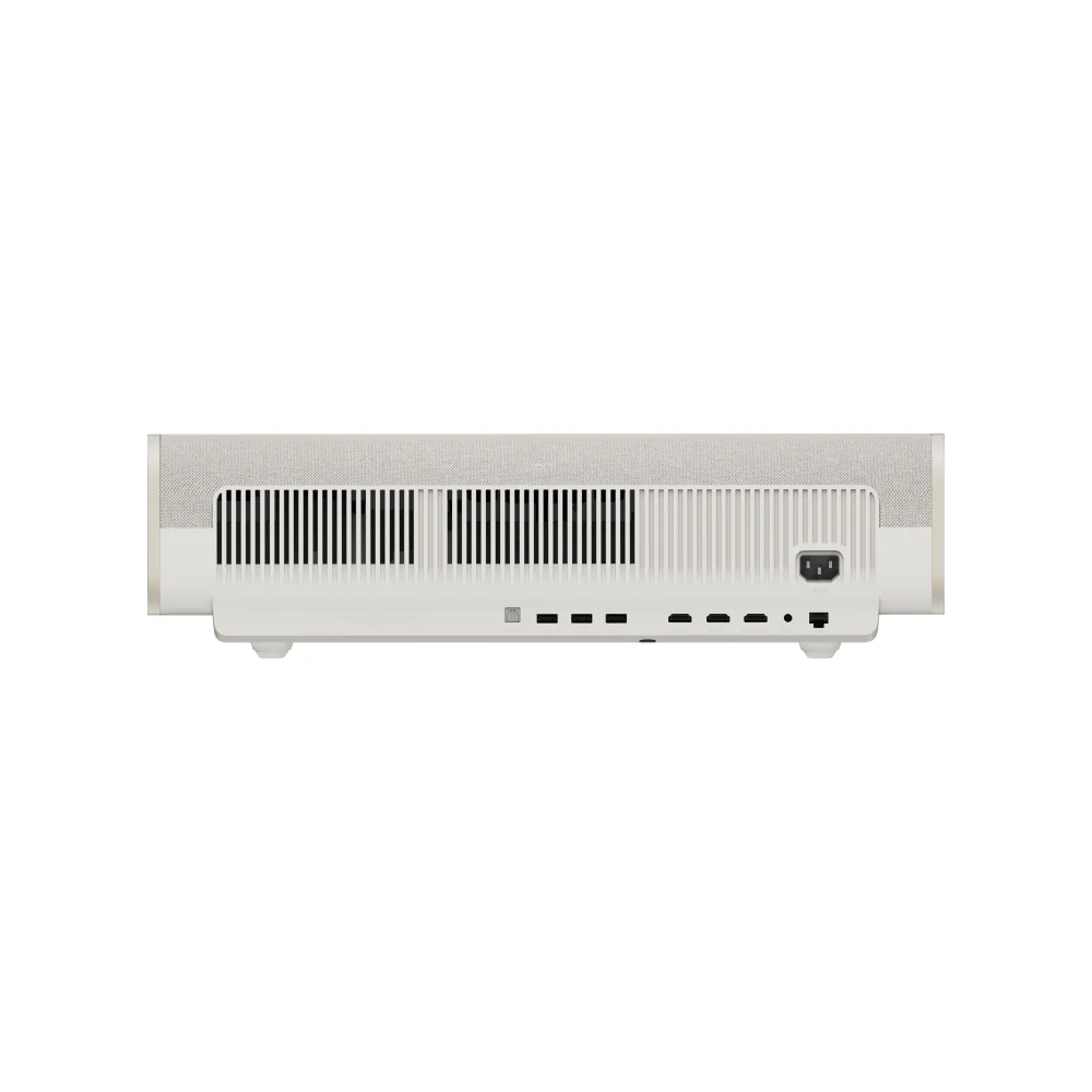 Vista trasera de un proyector. Blanco con tapa de tela gris. Puertos de conexión.