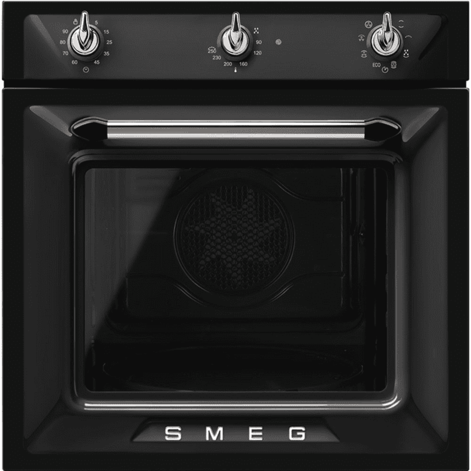 Zwarte inbouwoven met drie draaiknoppen bovenaan en SMEG-logo onderaan.