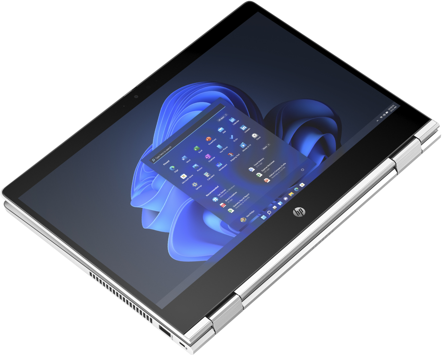 Ein silberner und schwarzer HP-Laptop ist geöffnet und zeigt die Windows 11-Oberfläche.