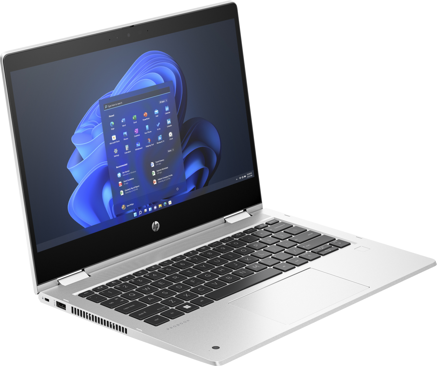 Silberner Laptop offen, zeigt Windows 11 Oberfläche.