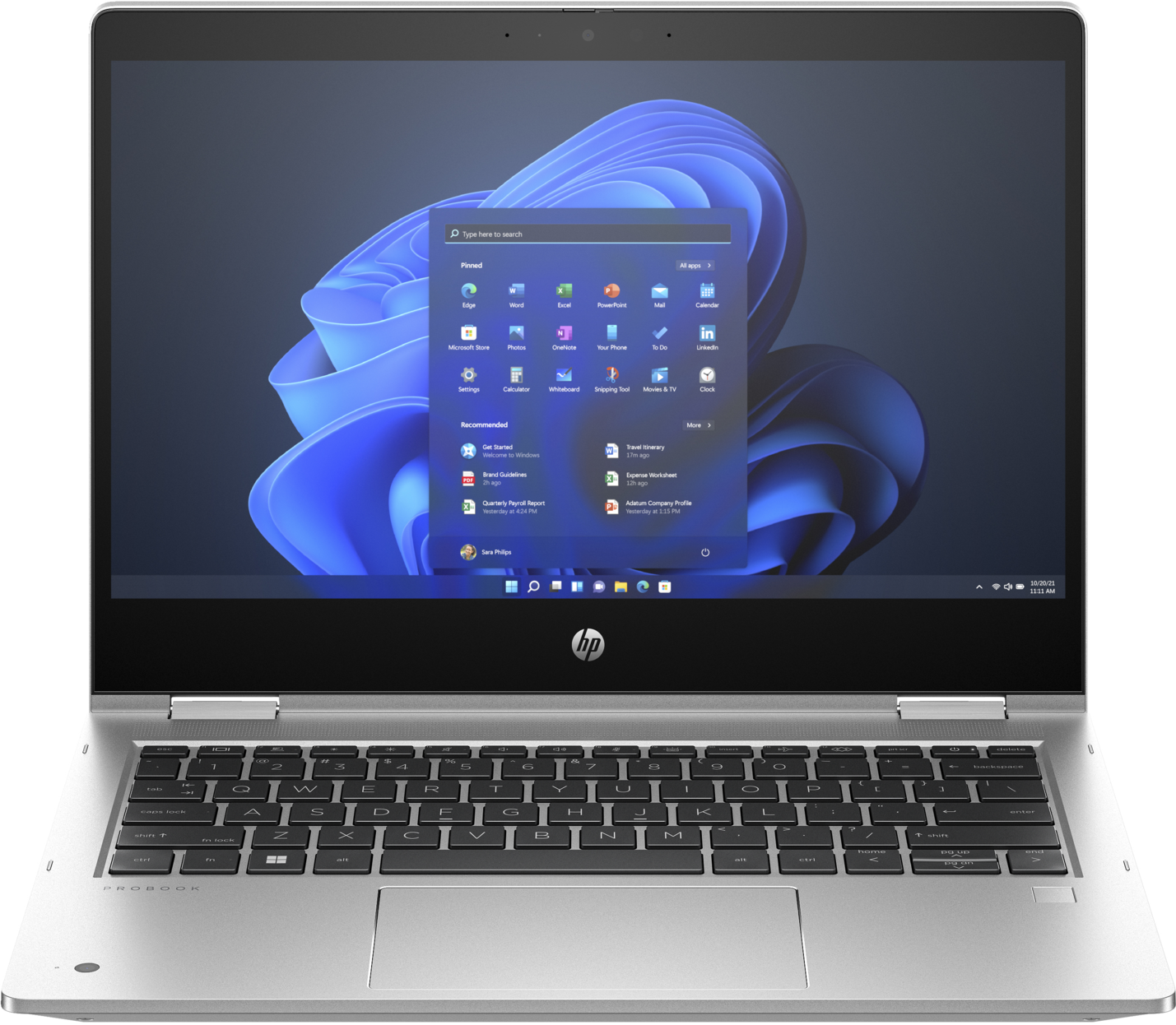 Laptop geöffnet, zeigt Windows 11 Oberfläche. Der Bildschirm zeigt App-Icons und Taskleiste.