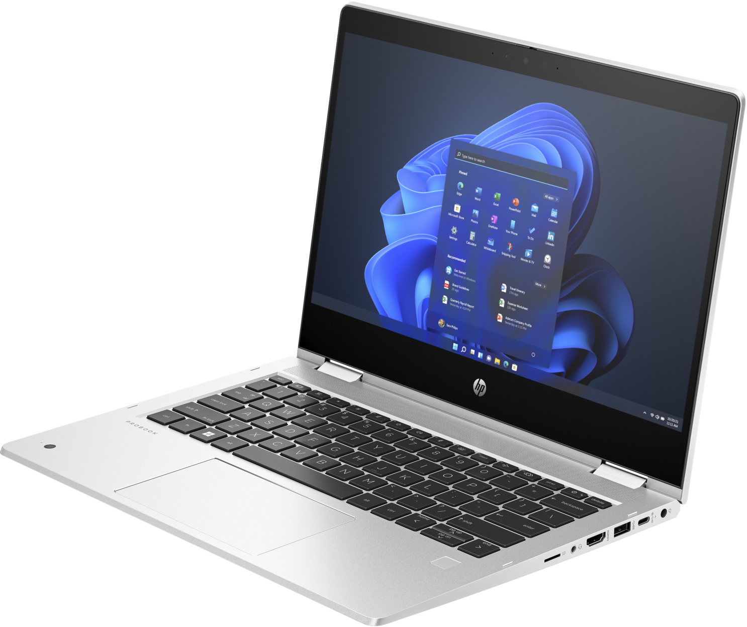 Silberner Laptop, der die Windows 11-Oberfläche mit App-Symbolen zeigt.