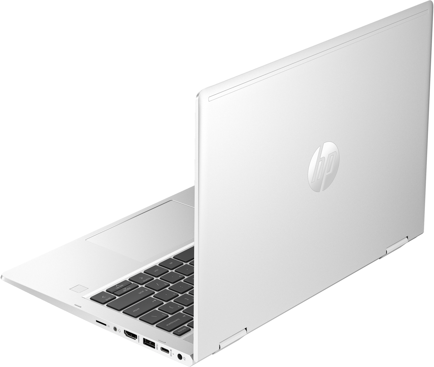 Ein weißer Laptop, teilweise geöffnet, mit Tastatur und silbernem HP-Logo auf der Rückseite.