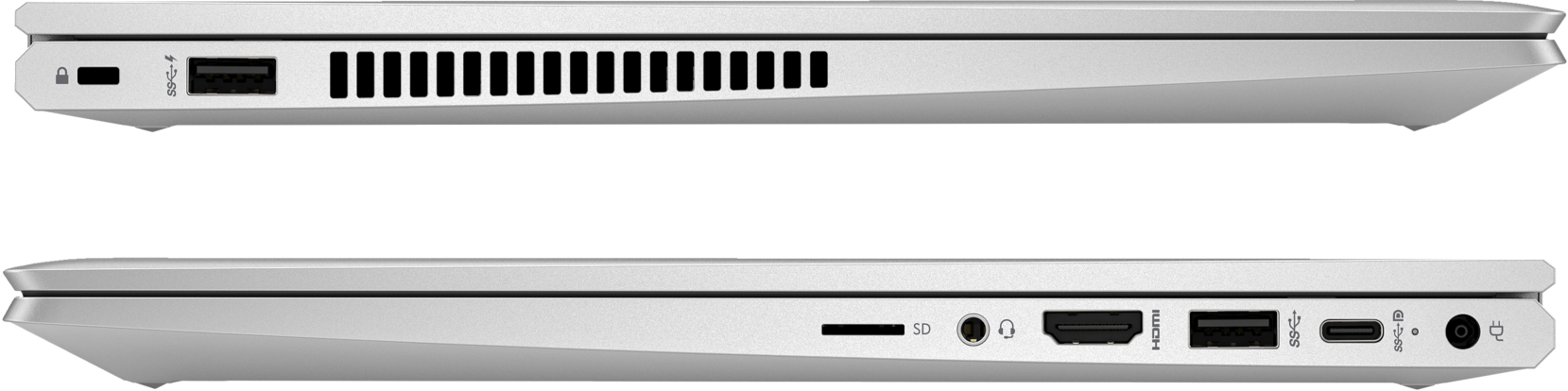 Zwei Ansichten eines silbernen Laptops, die Anschlüsse an den Seiten zeigen. Die obere Ansicht hat eine Lüftung.