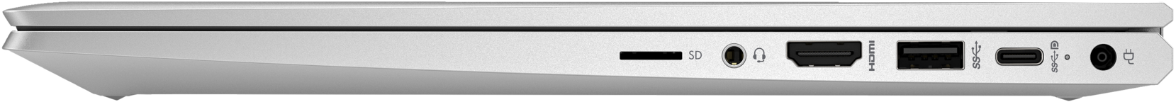 Silberne Laptopseite mit Anschlüssen: SD-Karte, Audioanschluss, HDMI, USB, USB-C und Stromanschluss.