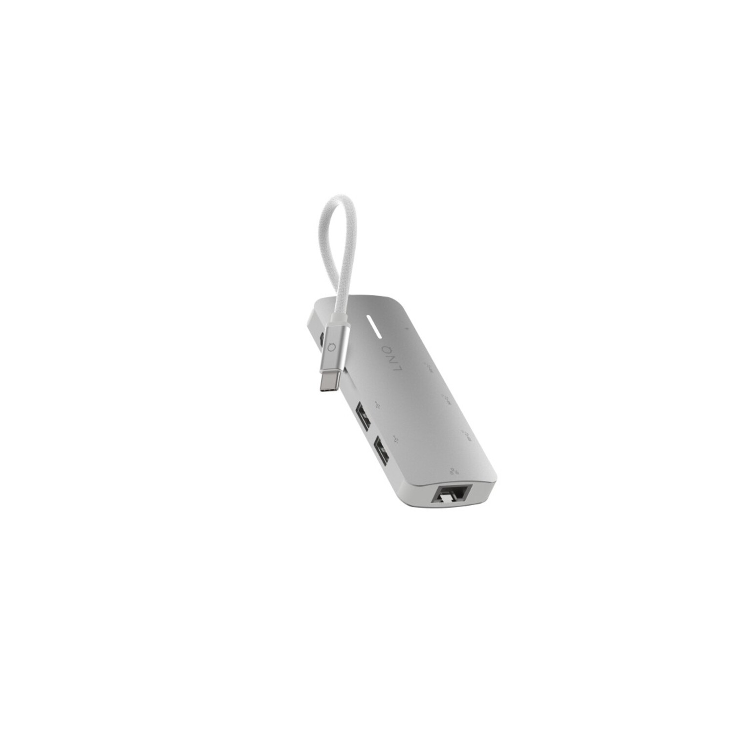 Un hub USB LINO argenté avec un câble blanc. Il est sur un fond blanc.