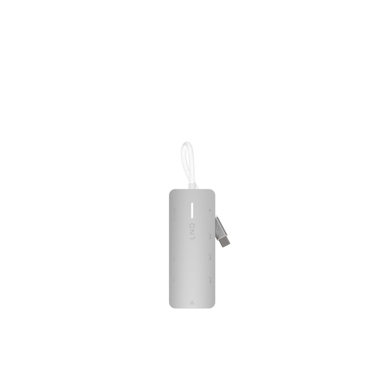 Un hub USB LINO argenté avec un câble blanc, sur fond blanc.