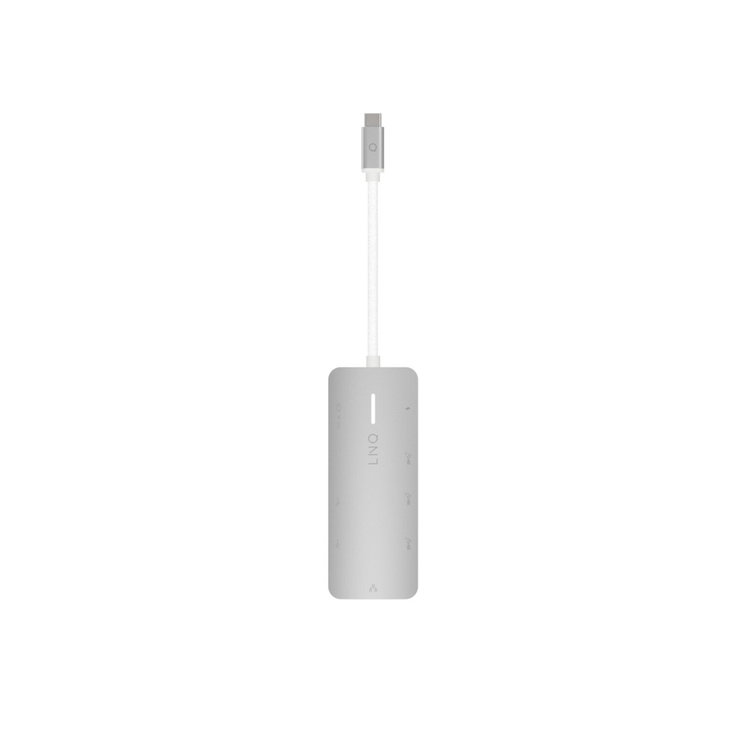 Un hub USB-C argenté avec un cordon blanc et plusieurs ports sur fond blanc.