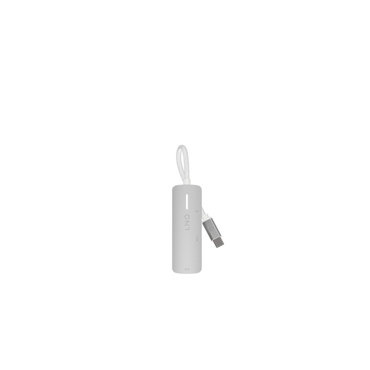 Un hub USB-C argenté avec un cordon blanc et une extrémité USB-C. Fond blanc.