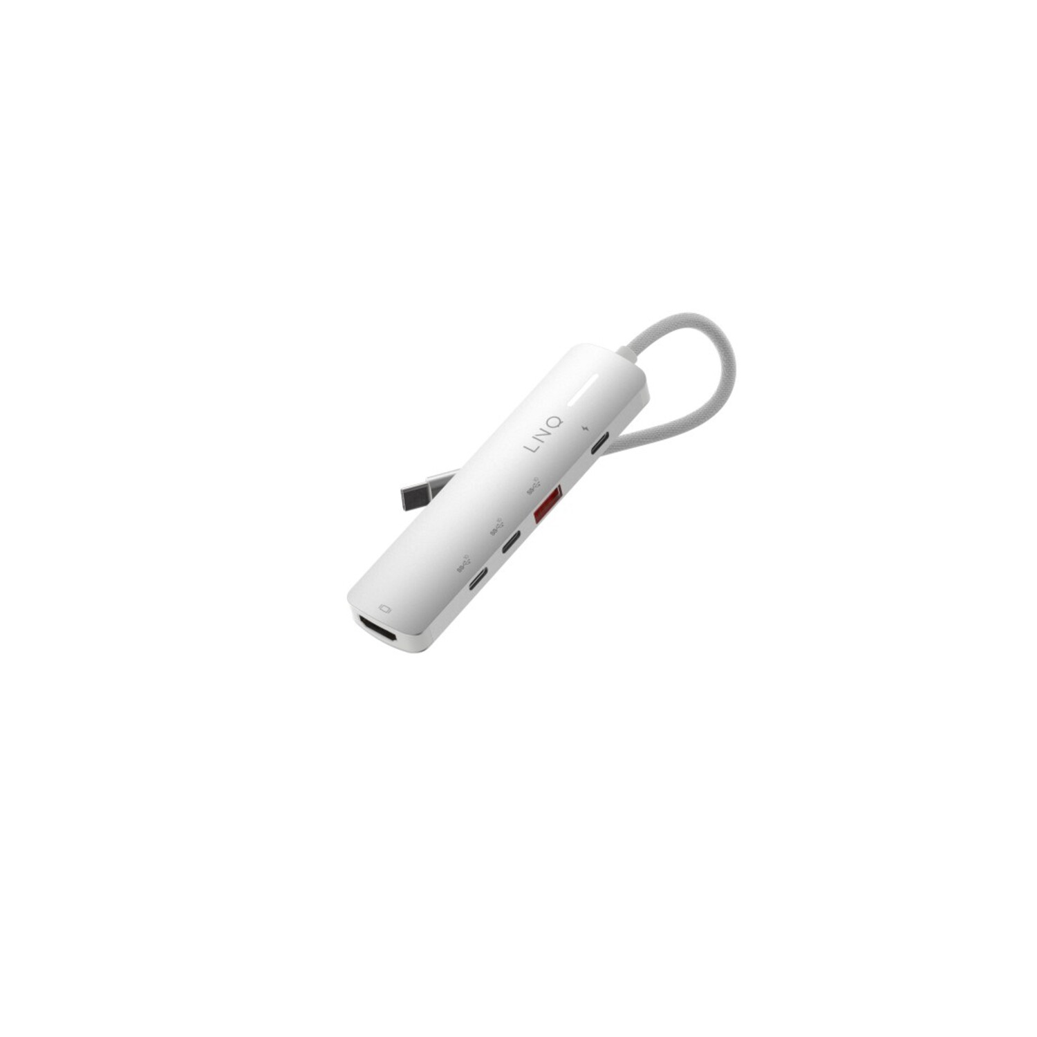 Un hub USB-C blanc avec un câble blanc, plusieurs ports et des détails rouges. Fond blanc.