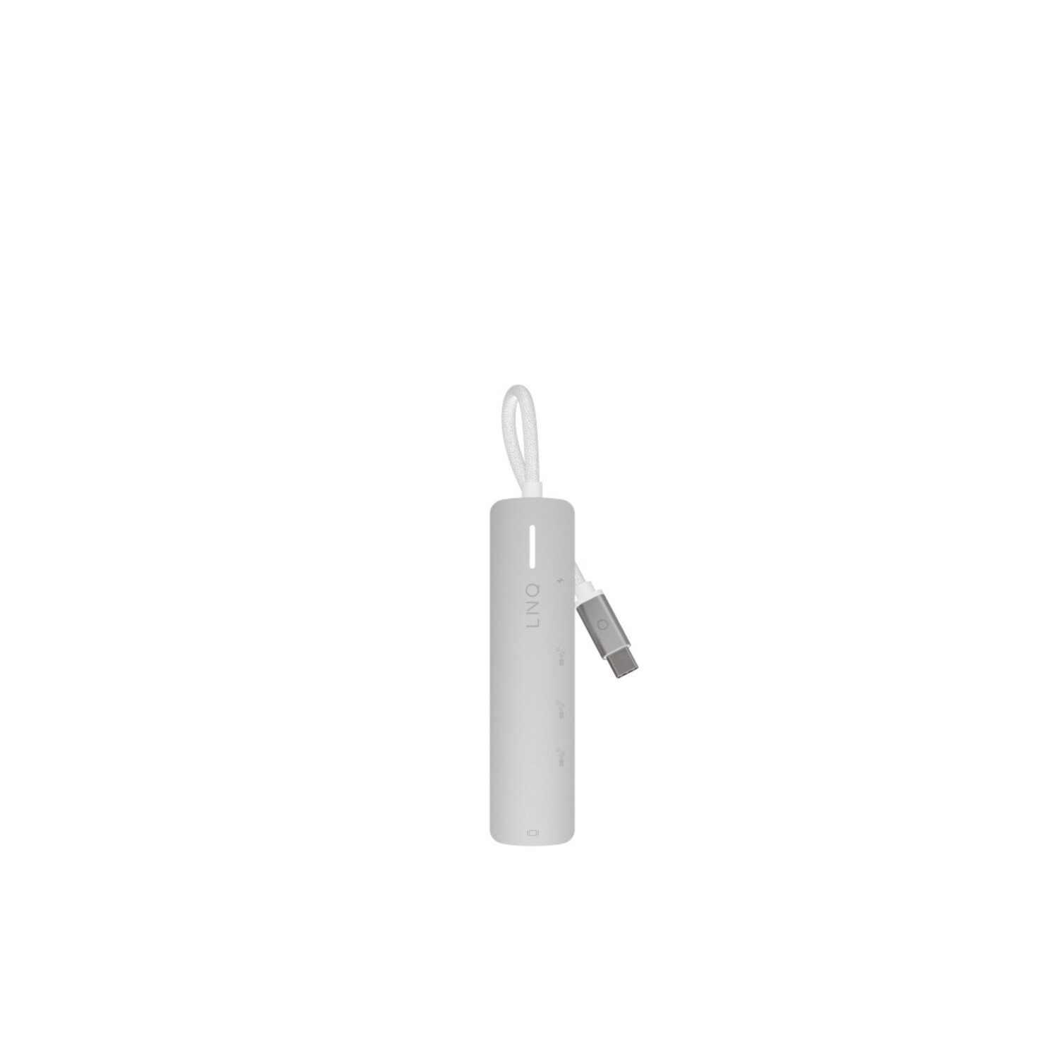 Un hub USB cylindrique gris clair avec un câble blanc et un petit connecteur USB-C.