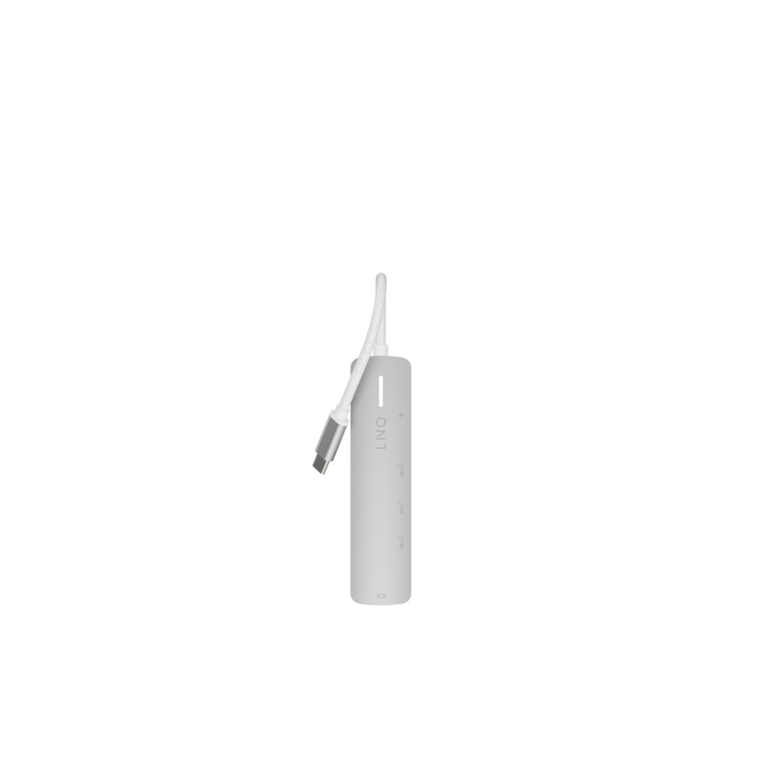Un hub USB-C argenté avec un cordon blanc et une extrémité USB-C. Fond blanc.