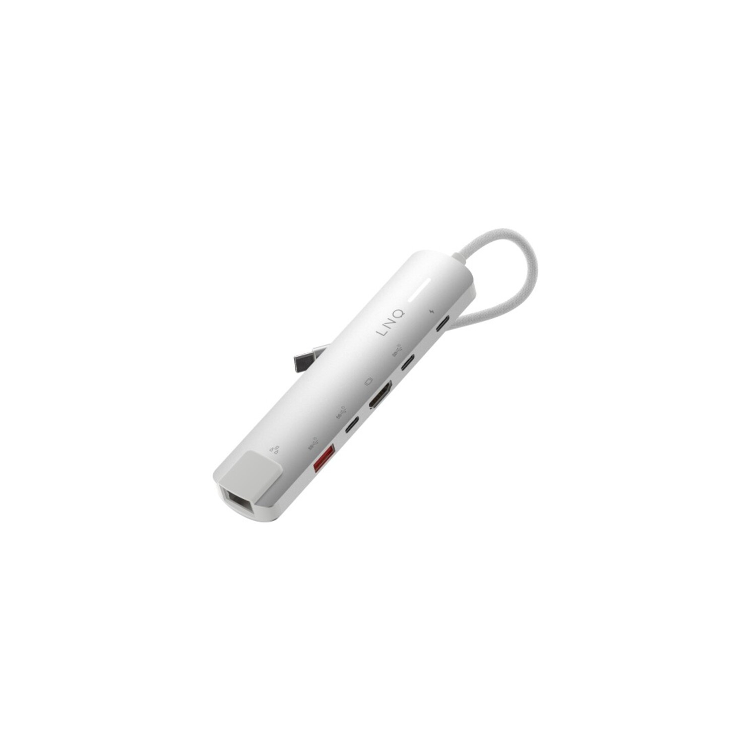 Hub LNQ blanc avec plusieurs ports dont USB, HDMI et chargement USB-C.