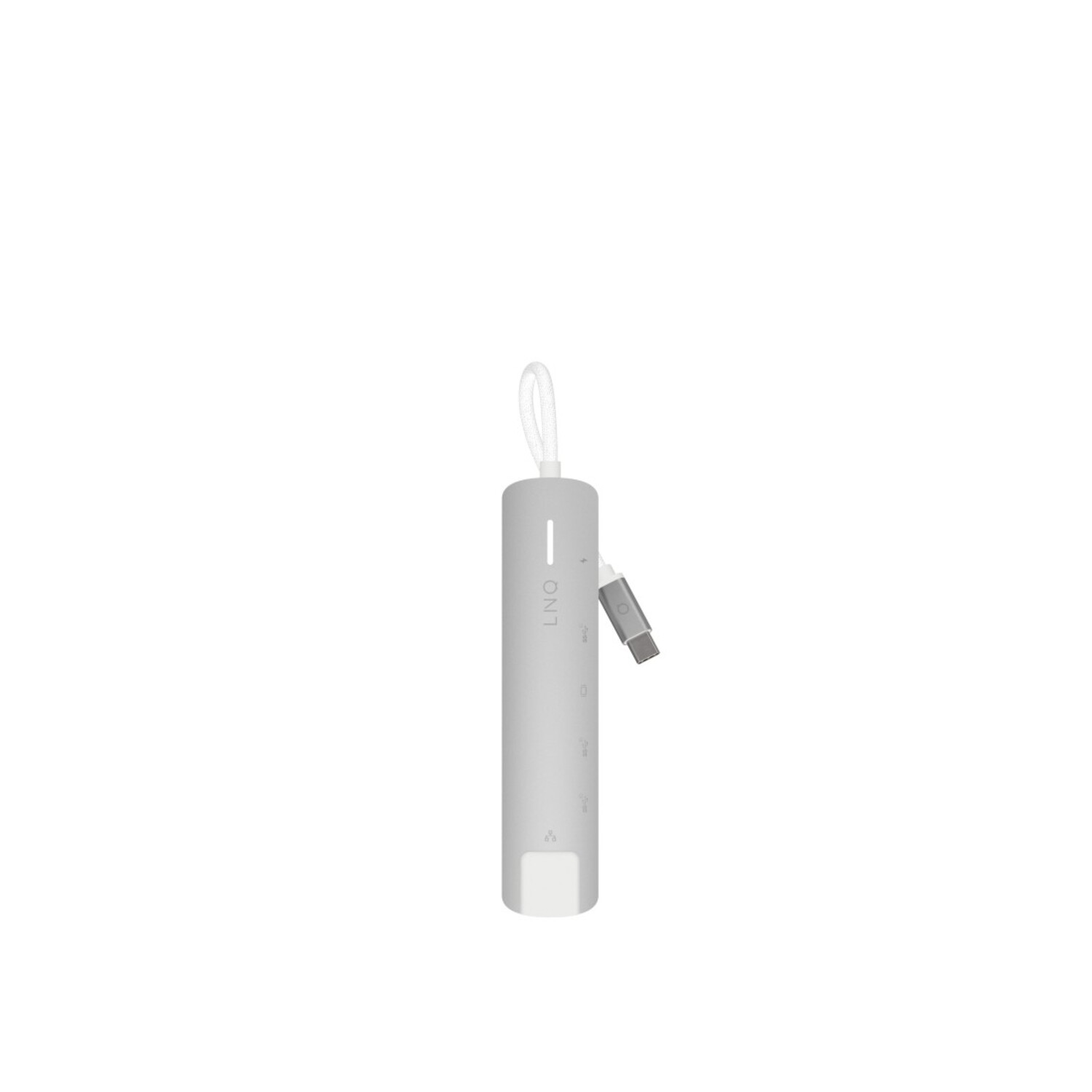 Un hub USB-C argenté avec un cordon blanc et une extrémité USB-C. Fond blanc.
