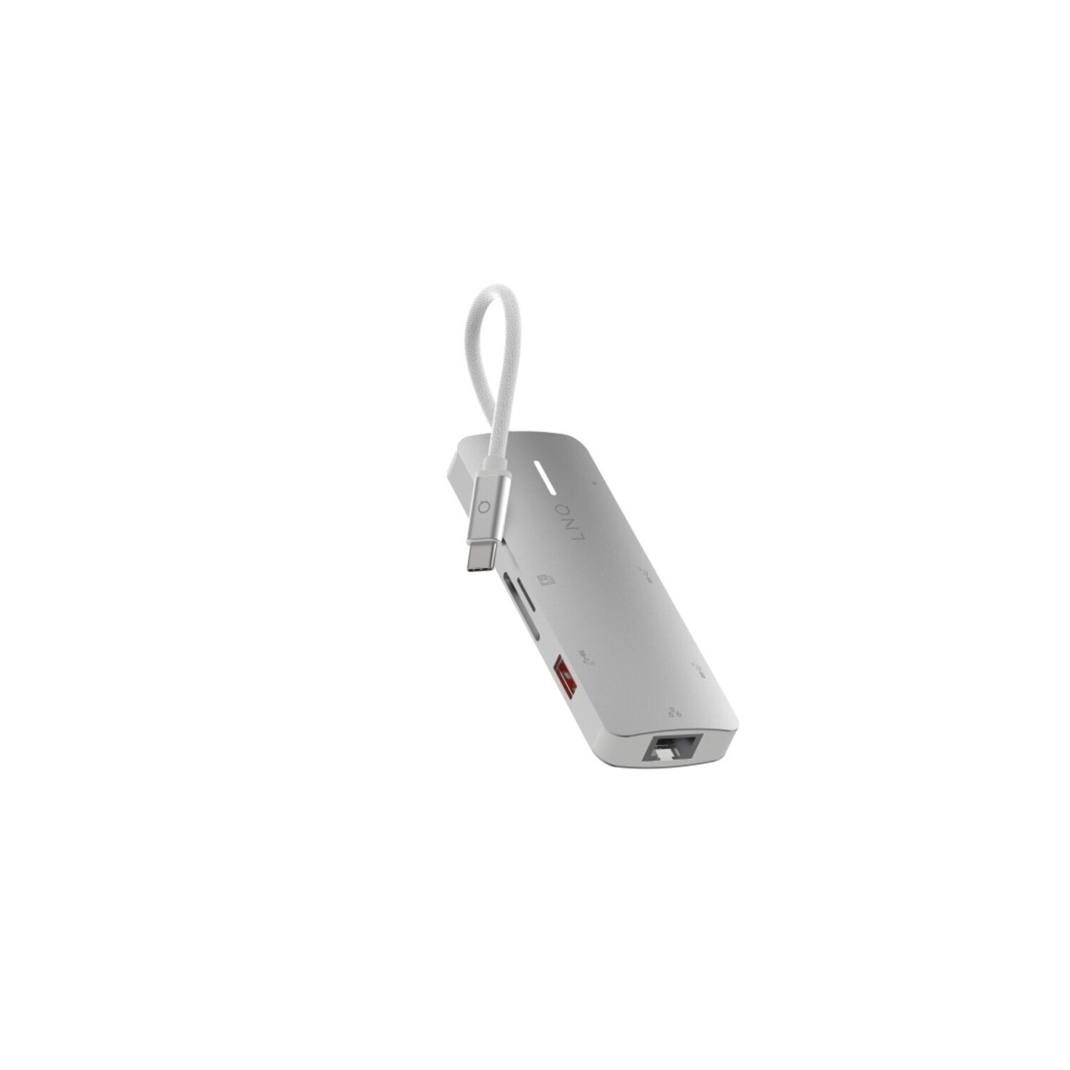 Un hub USB-C blanc avec un câble blanc, plusieurs ports et des détails rouges. Fond blanc.