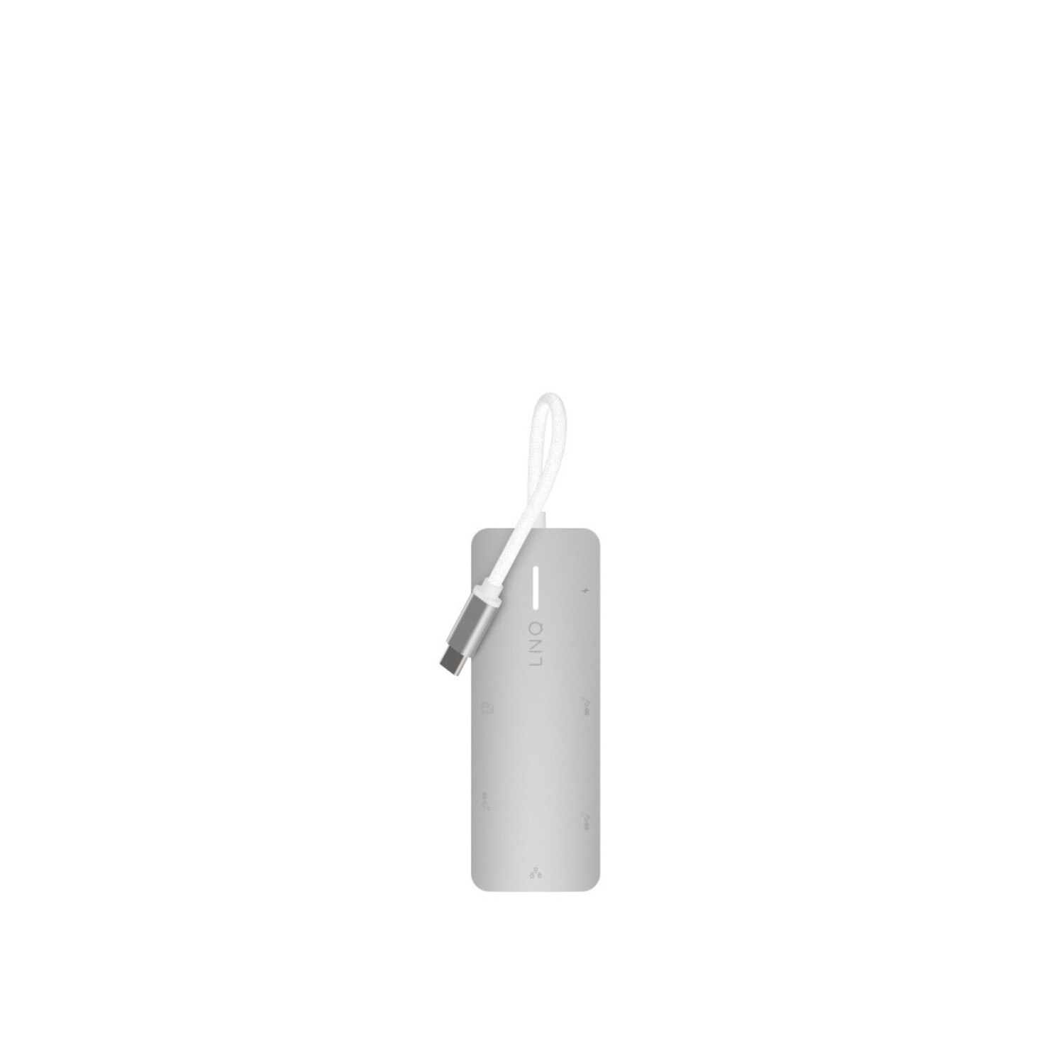 Un hub USB-C argenté avec un cordon blanc et une extrémité USB-C. Fond blanc.