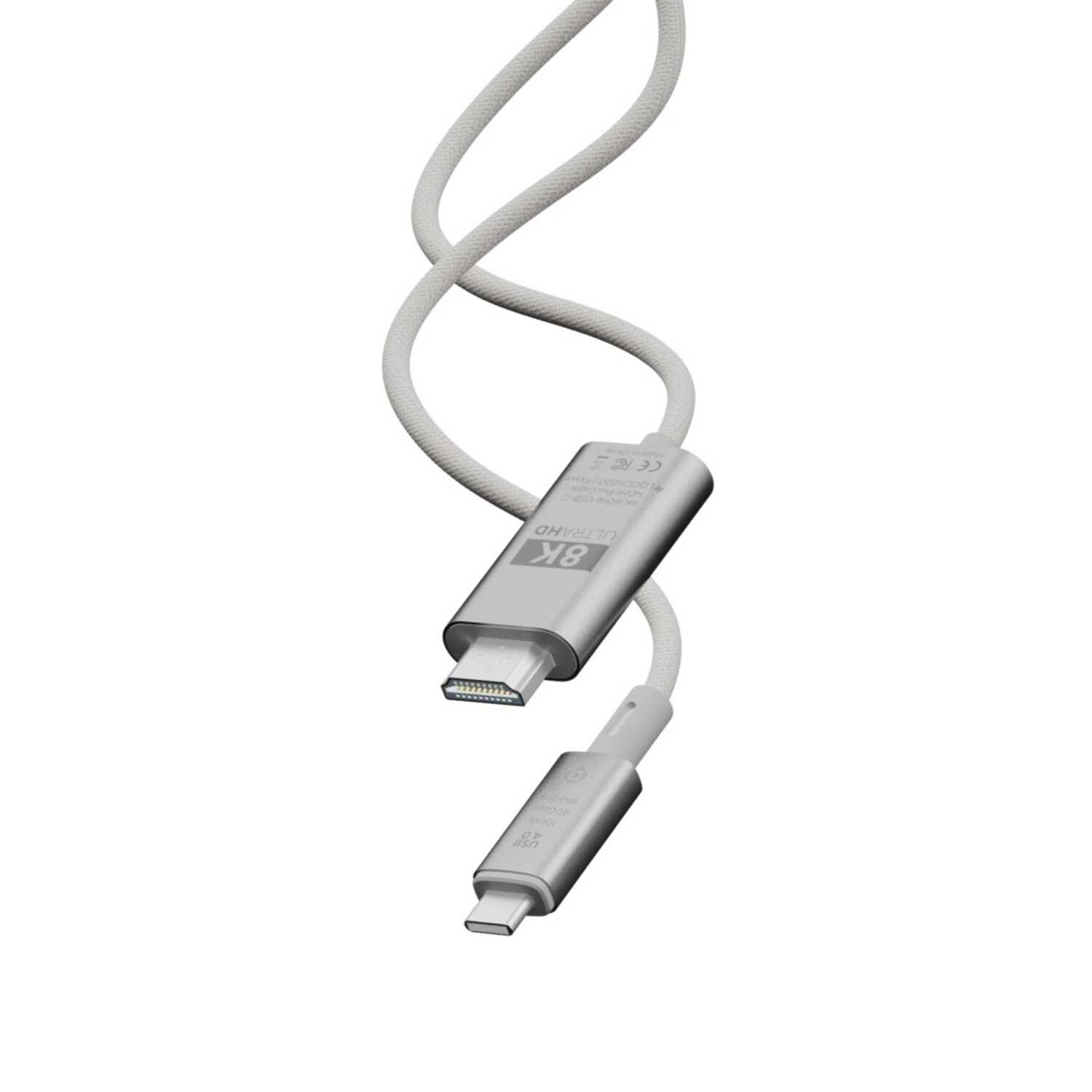 Un câble USB-C à USB-C blanc avec des connecteurs argentés.