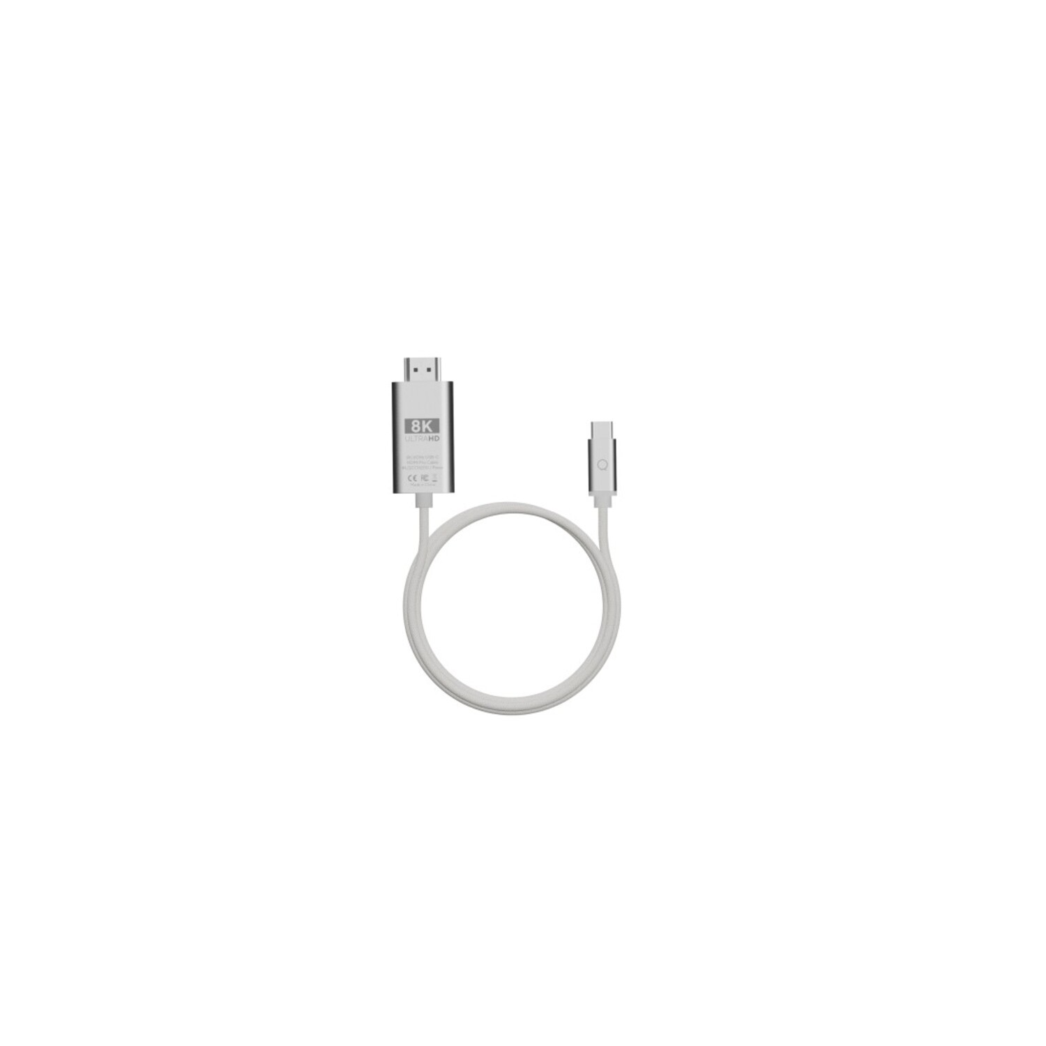 Câble blanc avec port 8K à une extrémité et port USB-C à l'autre, sur fond blanc.