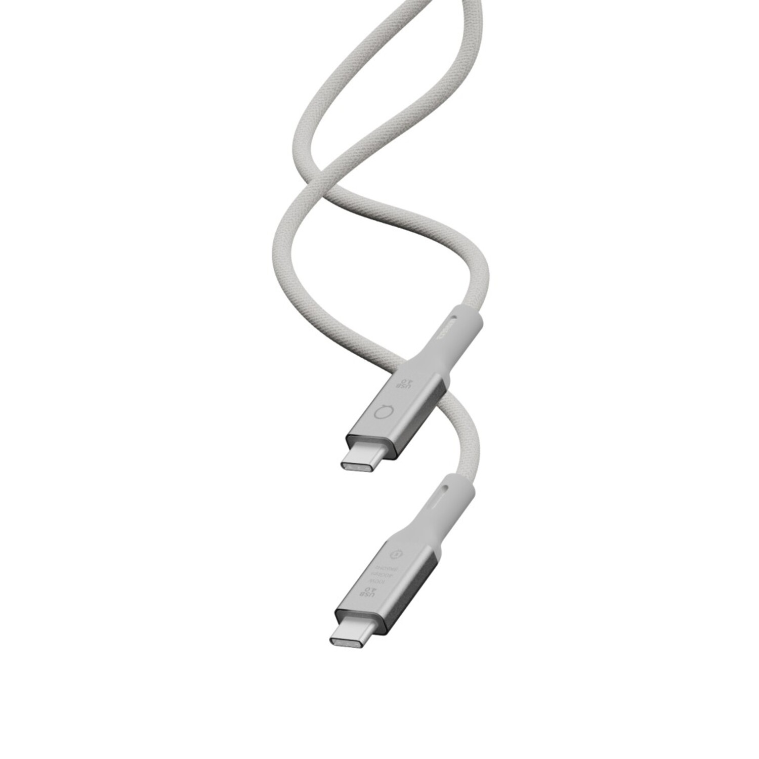 L'image montre un câble USB-C, blanc avec des extrémités argentées.