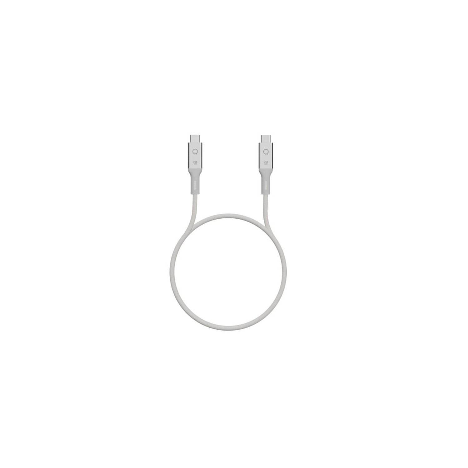 Un câble USB-C gris avec deux connecteurs, sur fond blanc.
