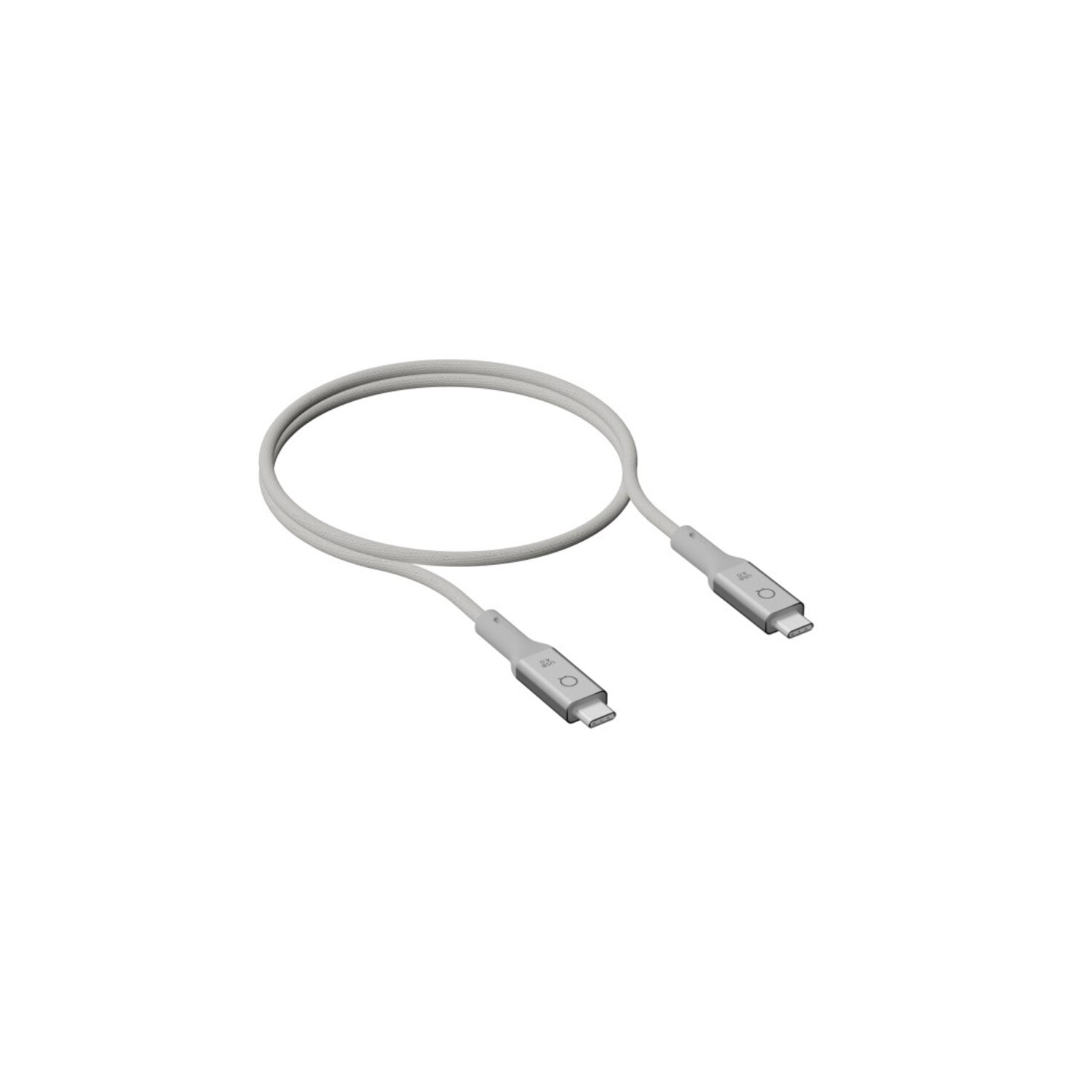 Un câble de chargement blanc avec deux extrémités USB-C. Le câble est sur fond blanc.