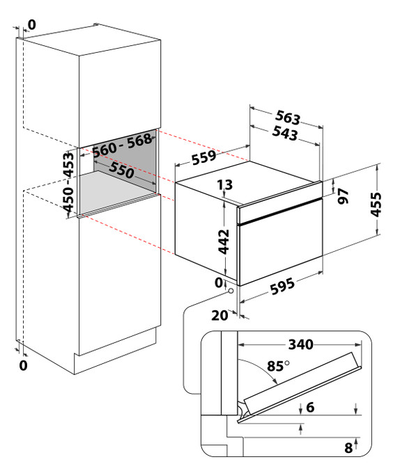 Beépített sütő diagramja. Méretek és szögek láthatók. Két szomszédos szekrénytér látható.