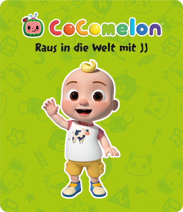 Cocomelon-Poster. JJ, ein Cartoon-Baby, winkt. Er trägt ein Kuh-Shirt und gelbe Shorts. Grüner Hintergrund mit Cartoon-Formen und Logo.