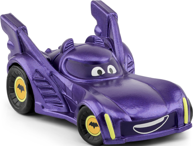 Ein lilafarbenes Batmobil-Spielzeug mit einem lächelnden Gesicht. Es hat gelbe Akzente, Fledermauslogos auf Rädern und große Flossen. Das Spielzeug befindet sich auf transparentem Grund.