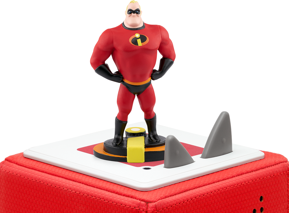 Mr. Incredible-Figur auf roter Box mit weißem Deckel. Zwei graue Haifischflossen oben. Rotes und schwarzes Farbschema.