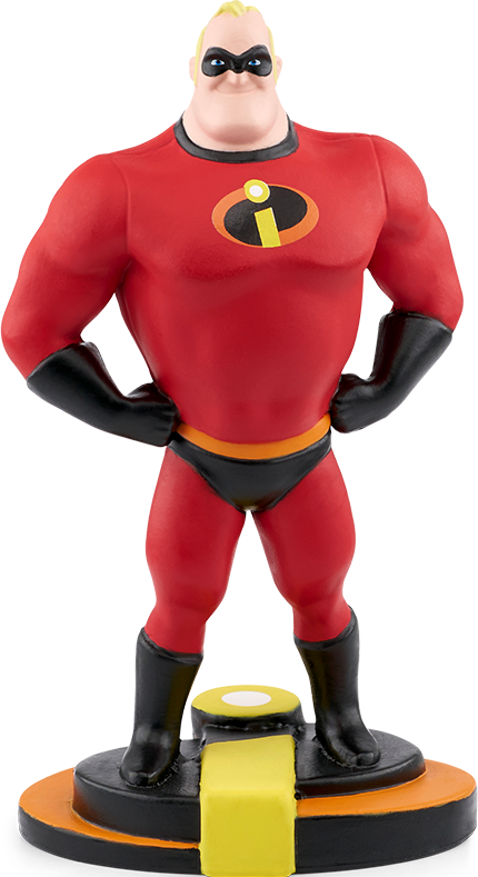 Mr. Incredible Figur. Roter Anzug, schwarze Handschuhe und Stiefel, Logo auf der Brust. Steht auf gelb-schwarzer Basis. Hände in den Hüften.