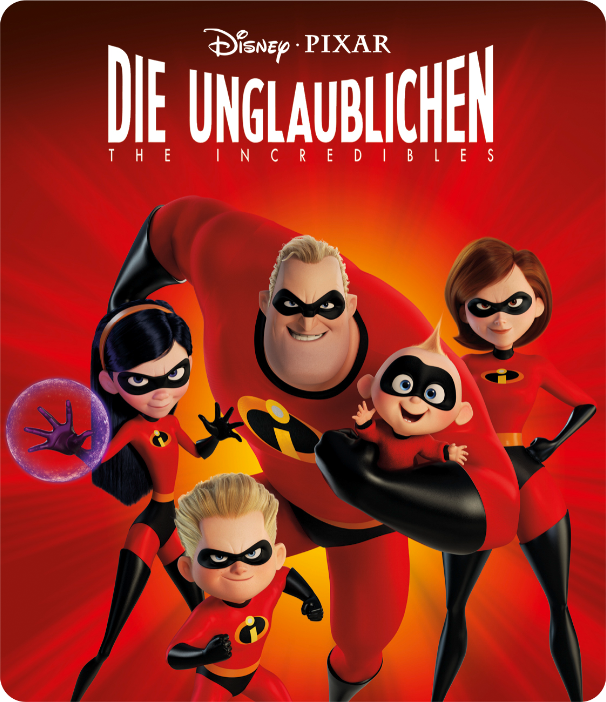Die Unglaublichen-Familie in roten Kostümen. Der Titel 'Die Unglaublichen' steht oben. Figuren sind Mr. Incredible, Elastigirl und ihre Kinder.