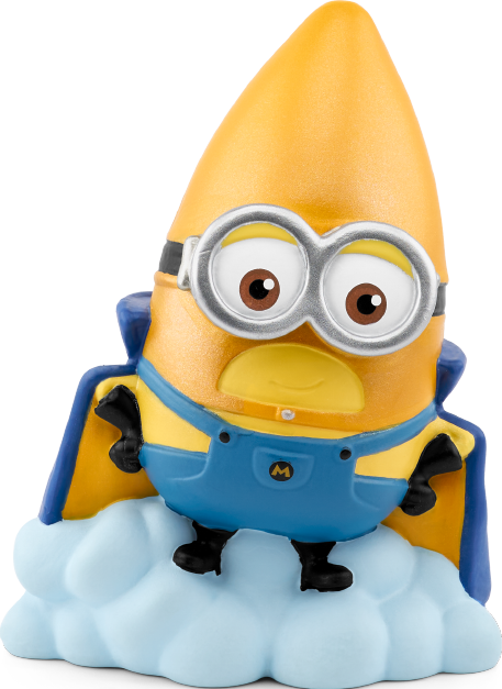 Minion-Figur mit gelbem Körper, blauen Overalls, Umhang und Wolkenbasis. Es hat eine Brille und lächelt.