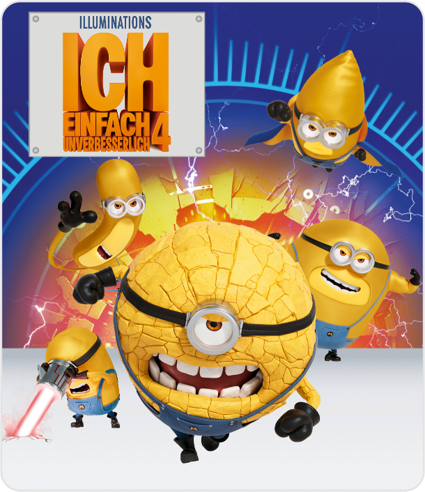 Minions aus Ich – Einfach unverbesserlich 4. Gelbe Minions in verschiedenen Posen. Hintergrund: blauer Kreis und Blitze.