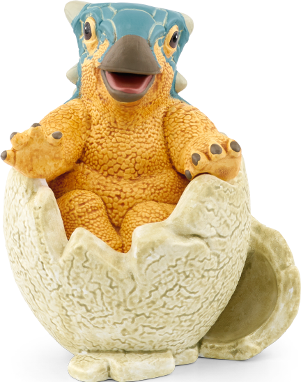 Eine Baby-Dinosaurier-Figur in einer Eierschale. Sie ist gelb und türkis, mit offenem Mund. Die Eierschale ist beige.
