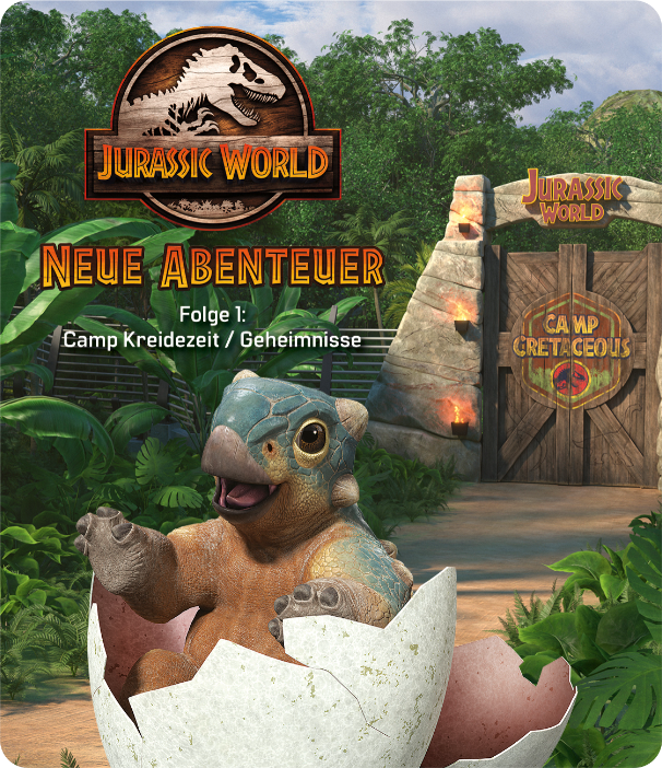 Ein Baby-Dinosaurier schlüpft aus einem Ei vor einem Jurassic World-Schild. Der Text lautet 'Neue Abenteuer' und 'Camp Kreidezeit'.