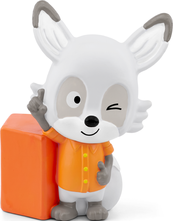 Eine Cartoon-Fuchsfigur mit weißem Fell, grauen Ohren und einem orangefarbenen Hemd. Es zwinkert und zeigt auf einen orangefarbenen Block.