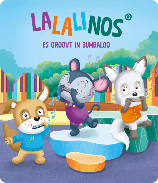 Illustration von drei Zeichentierfiguren, die Mundharmonika spielen. Ein Hund, eine Maus und ein Fuchs stehen auf Bühnen mit farbenfrohem Hintergrund.