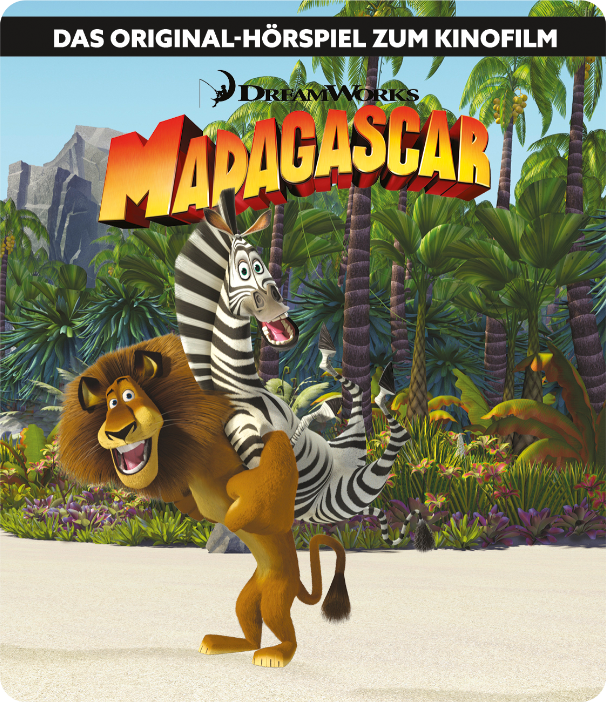 Löwe trägt Zebra, beide lächeln. Im Hintergrund Palmen und das Madagascar-Logo.