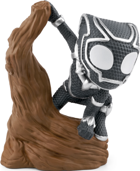 Eine Black Panther-Figur klettert auf einen braunen Ast. Die Figur ist schwarz mit silbernen Akzenten. Der Hintergrund ist weiß.