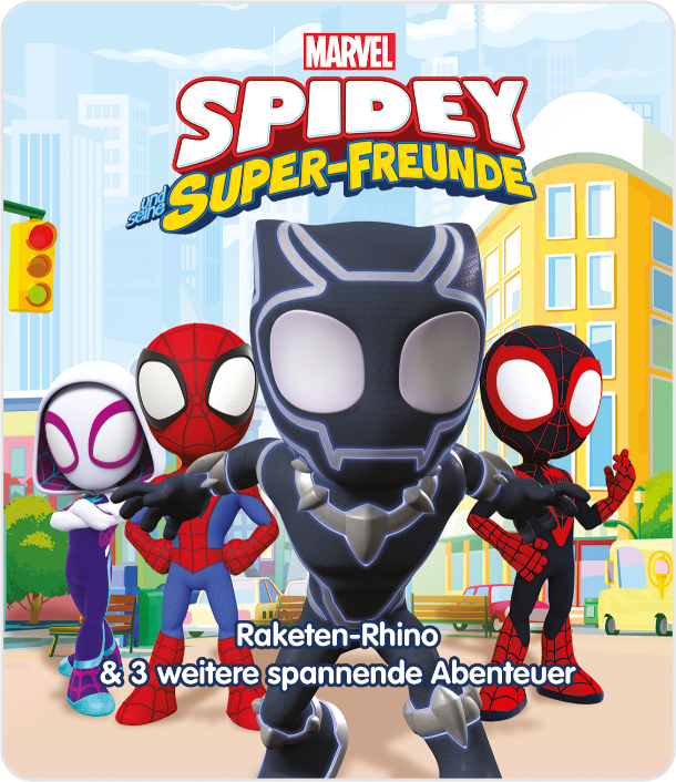 Marvel Spidey und seine Super-Freunde. Spider-Man, Black Panther und andere stehen vor einer Stadtkulisse.