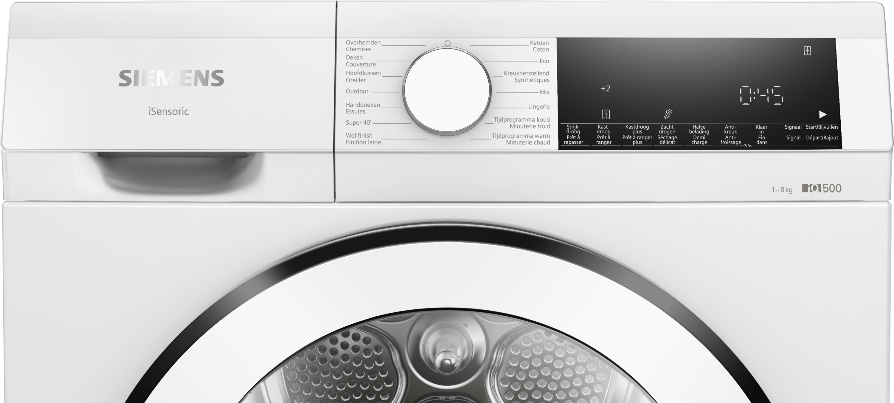 Close-up of a white Siemens dryer control panel with various program options and a digital display.