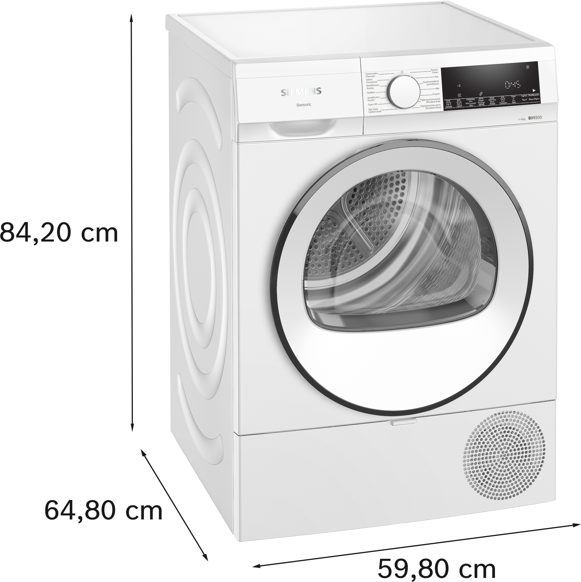 A white Siemens washing machine with dimensions labeled: 84.20 cm, 64.80 cm, 59.80 cm.