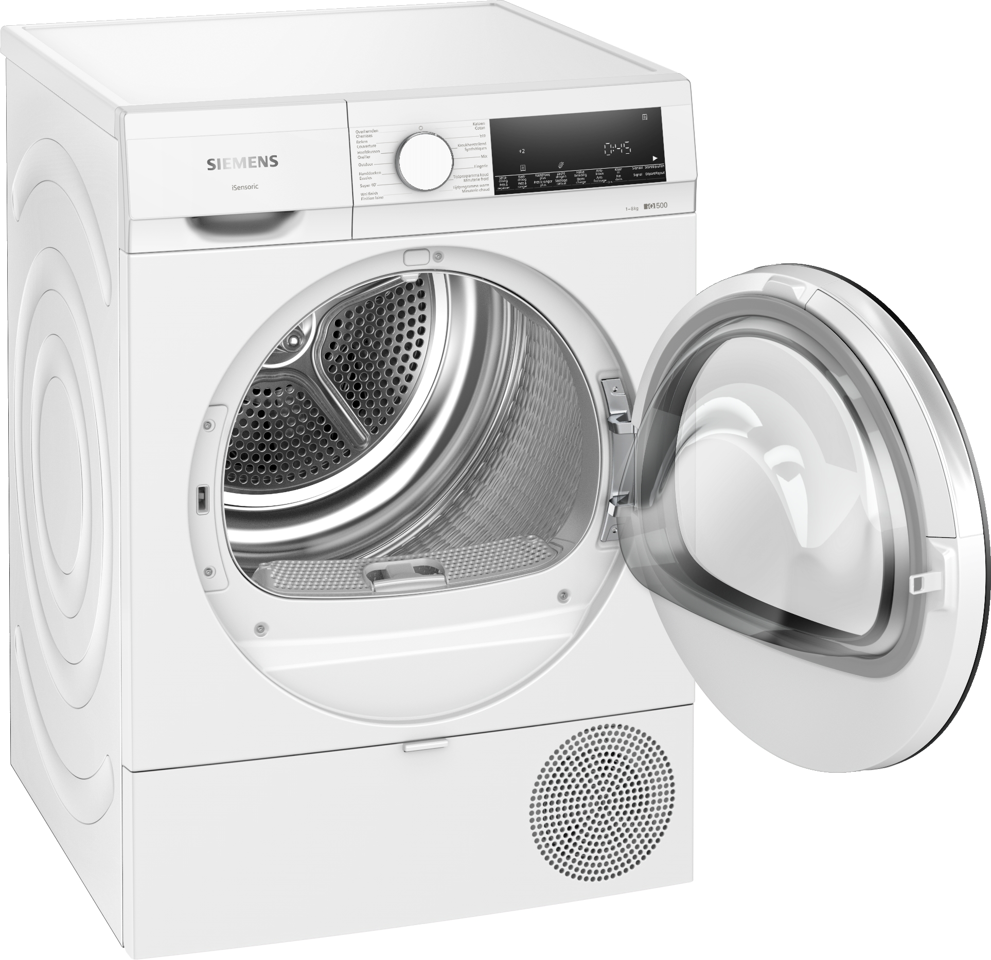 A white Siemens dryer with the door open, showing the interior and control panel.