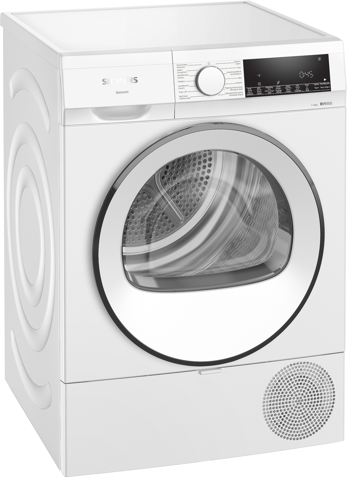 A white dryer, angled view. Features a glass door, control panel, and bottom vent, on a white surface.