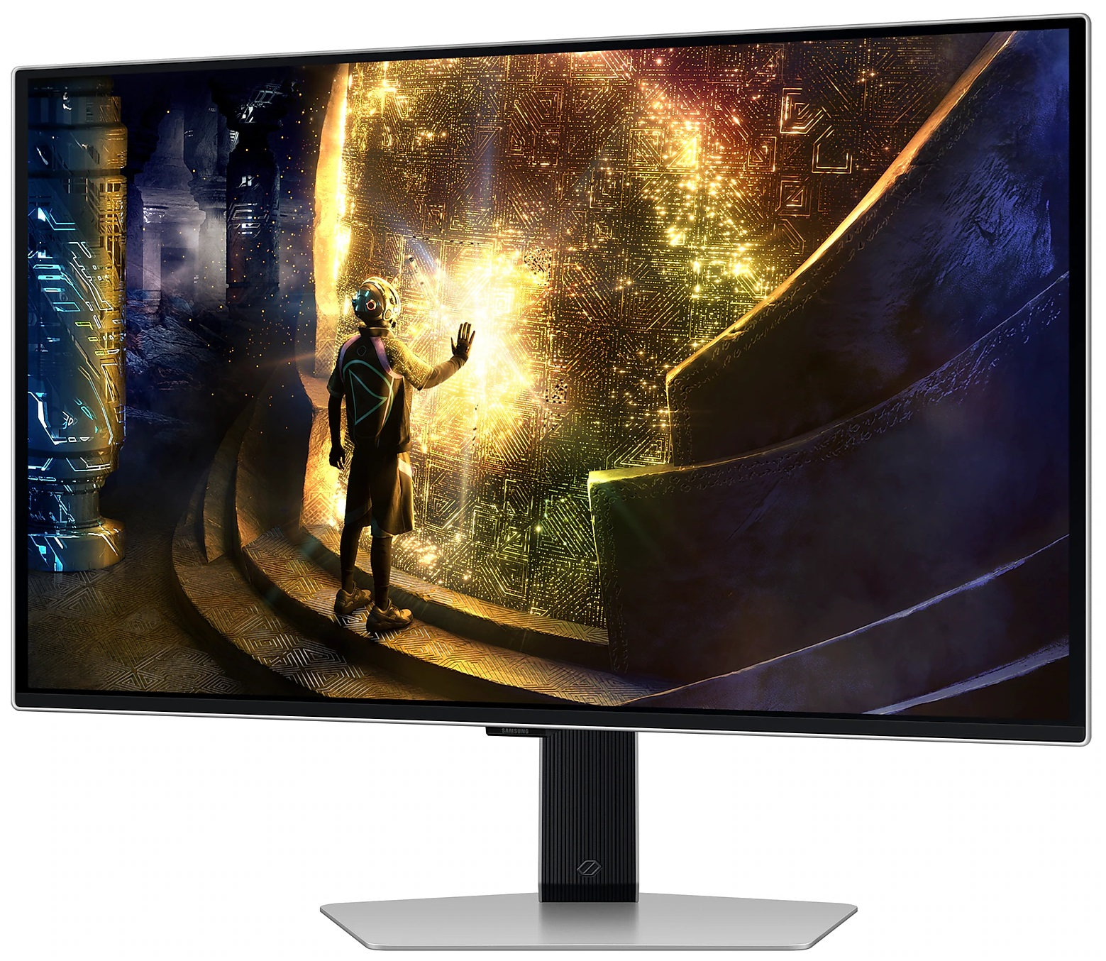 Duży monitor wyświetlający futurystyczną scenę z postacią machającą do widza.