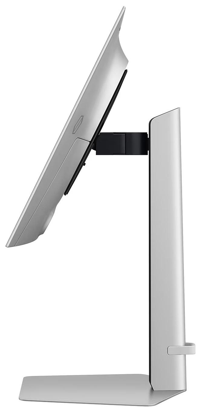 Srebrny monitor z podstawką. Widok z profilu, ekran jest lekko pochylony.
