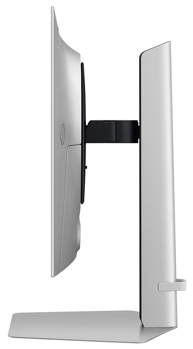 Srebrny monitor z podstawką. Widok z profilu, ekran jest lekko pochylony.