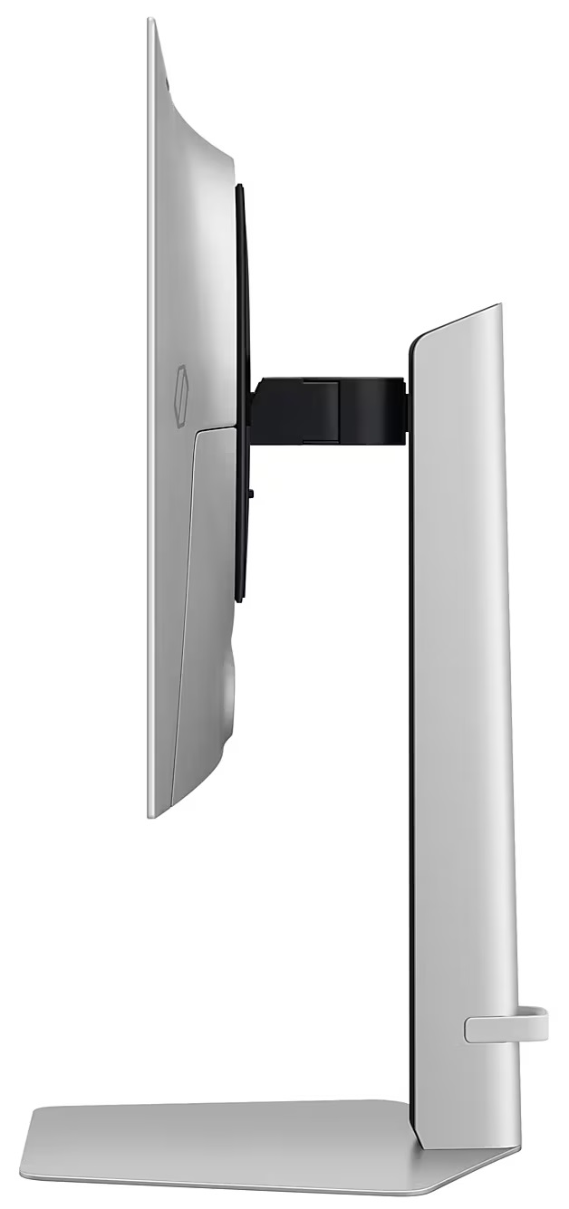 Srebrny monitor z podstawką. Widok z profilu, ekran jest lekko pochylony.