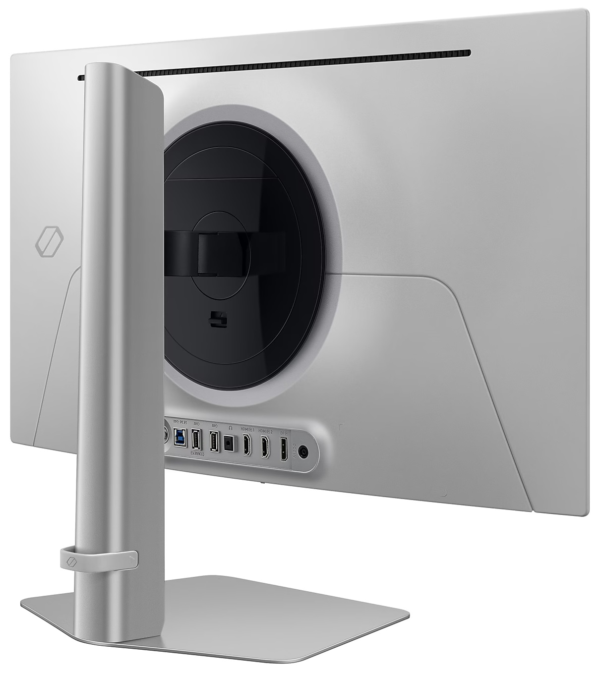 Widok z tyłu srebrnego monitora komputerowego.