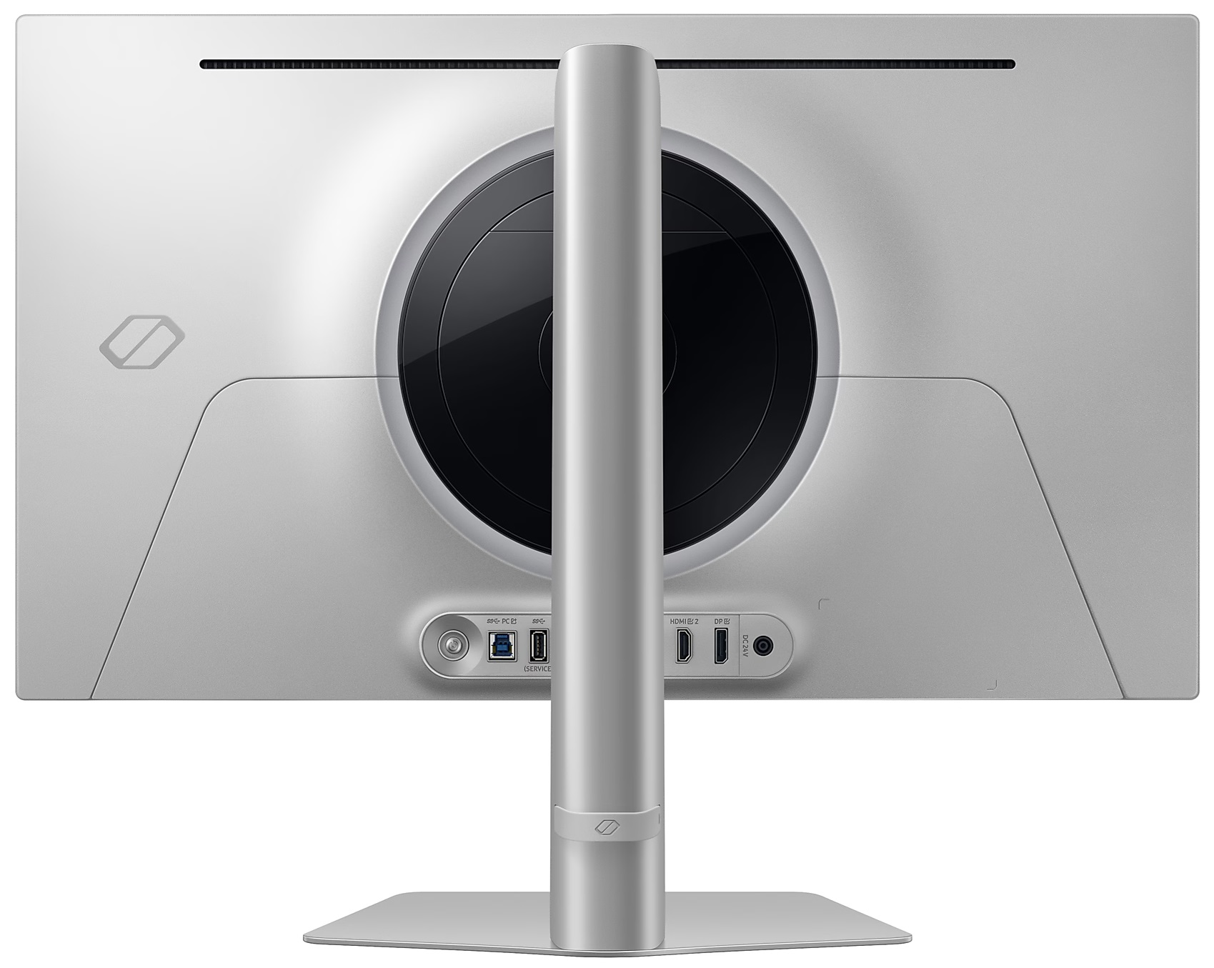 Tył srebrnego monitora z podstawką. Widoczne porty.
